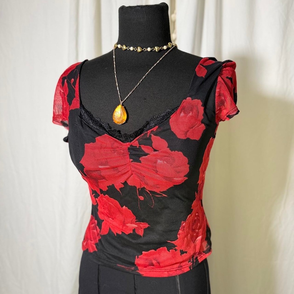 Y2K Vibe Sportswear Red Rose Mesh Top- M